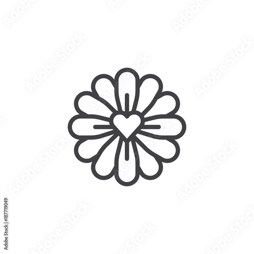 Flower with love heart line icon  outline vector sign  linear style pictogram isolated on white. Symbol  logo illustration. Editable stroke