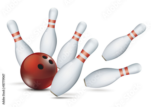 Bowling Pins Red Ball Strike White Background