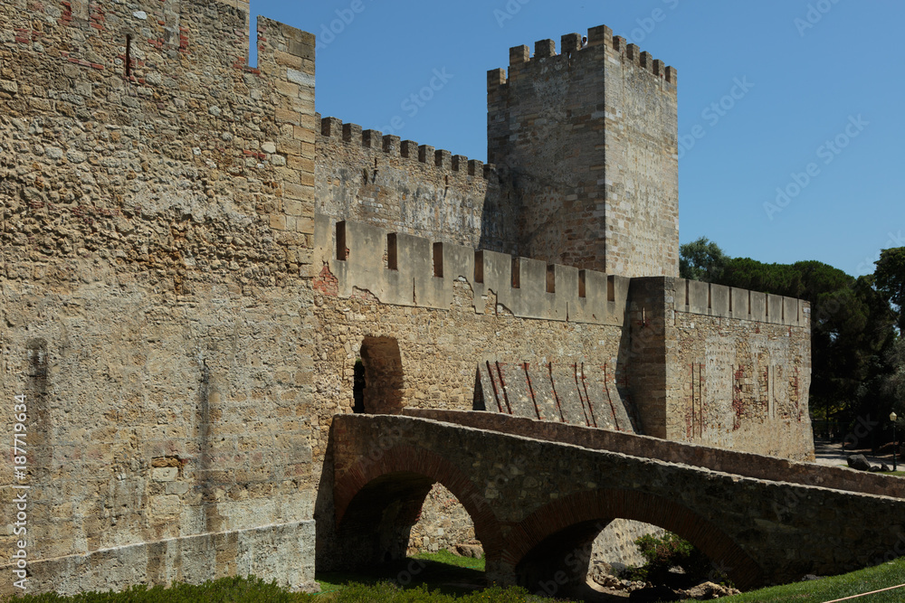 Castle of Sao Jorge in Lisbon, Portugal: Bridge and External Wall.