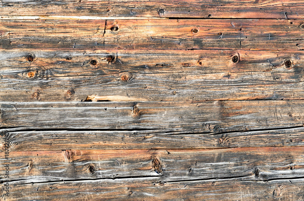 Fototapeta premium Old natural brown cabin wood wall. Wooden textured background pattern.