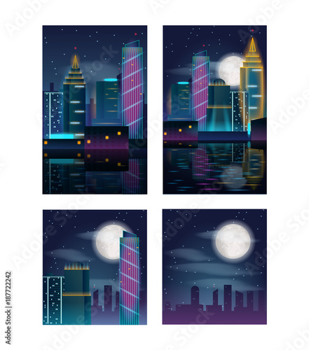 Night city skyscrapers. Buildings in neon lights. Vector illustration. Set of posters