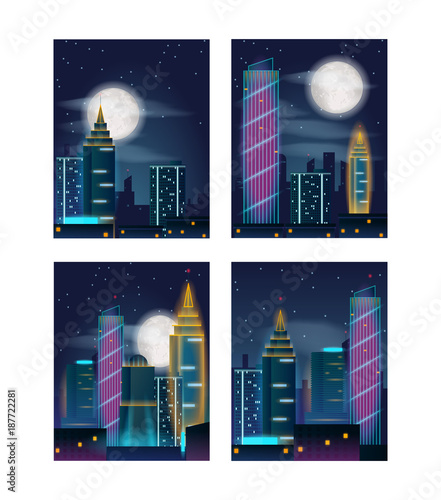Night city landscape with buildings in neon lights. Vector illustration of night city skyscrapers. Set of posters