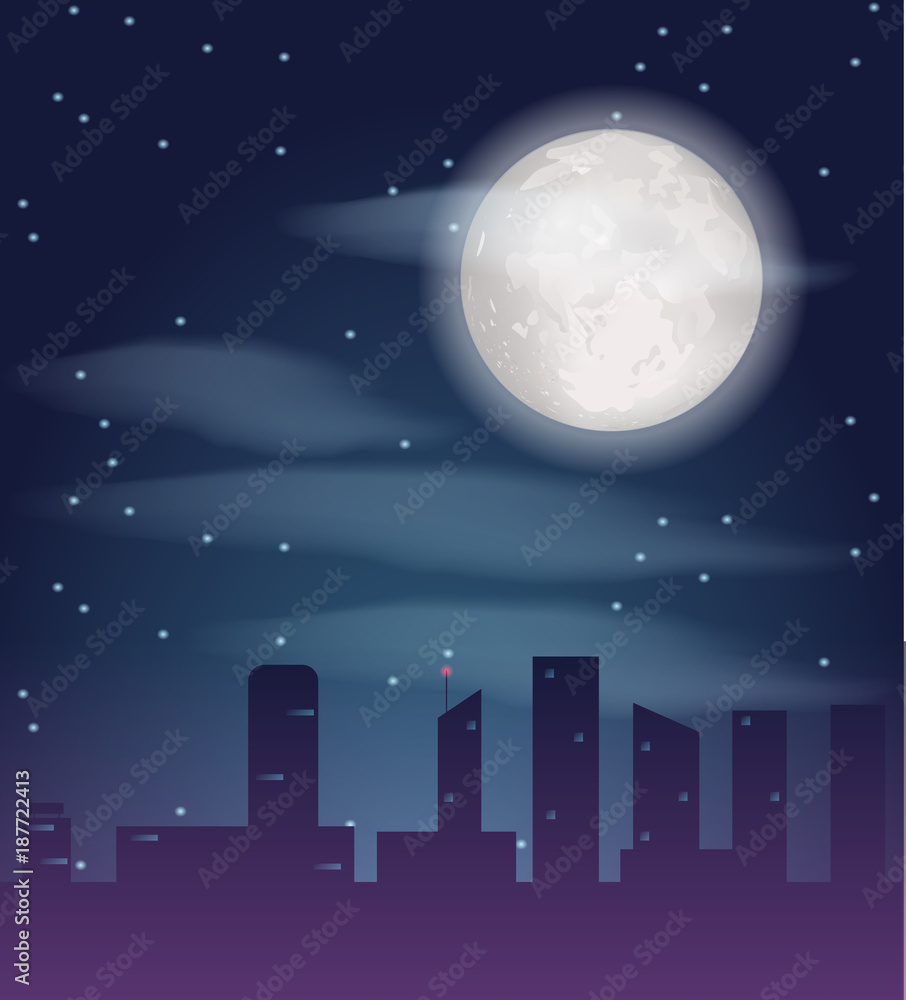 Naklejka premium Silhouette of night city buildings. Dark metropolis landscape with skyscrapers and full moon. Vector illustration