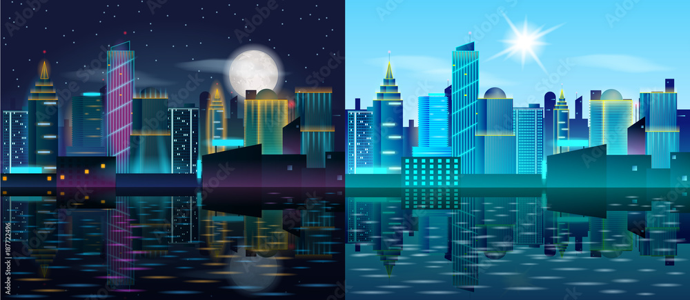 Big city day and night landscape. Skyscrapers in neon lights. Sunny day ...