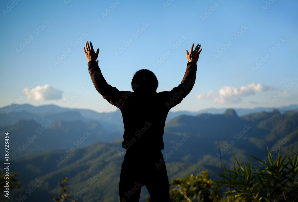 Men raise their arms on the mountain, thank God. Men raise their arms on the mountain, thank God.