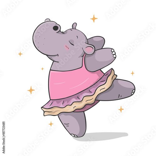colorful hand drawn cartoon hippo dancing ballet in a tutu isolated on white background. outline vector illustration. dancing animals. Children's illustration vector