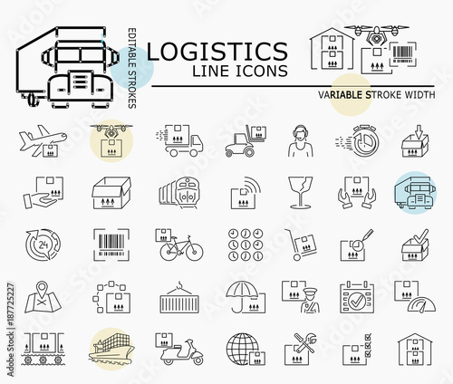 Logistics line icons with minimal nodes and editable stroke width and style