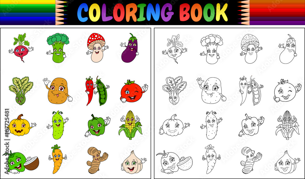 Coloring book with cute cartoon vegetables