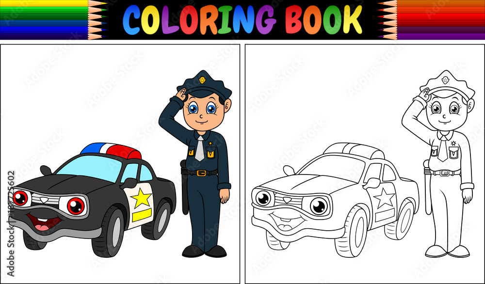 Coloring book with policeman and police car