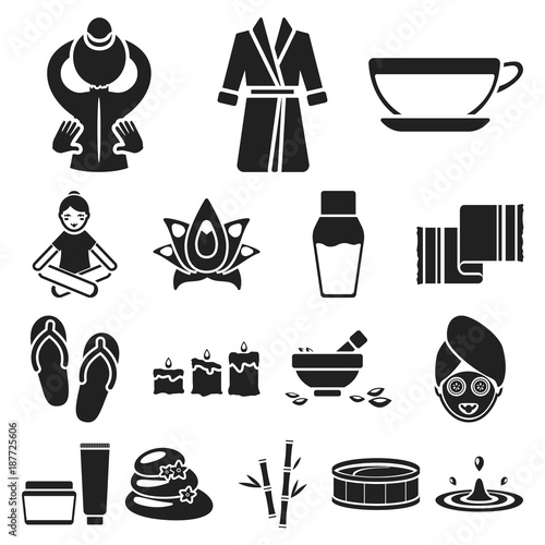 Spa salon and equipment black icons in set collection for design. Relaxation and rest vector symbol stock web illustration.