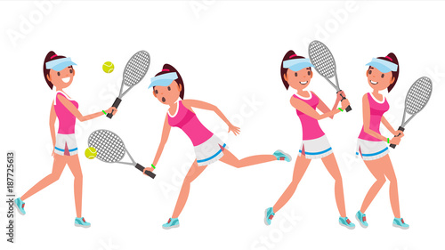 Female Tennis Player Vector. Woman Big Tennis Sport Athlete. Different Poses. Cartoon Character Illustration