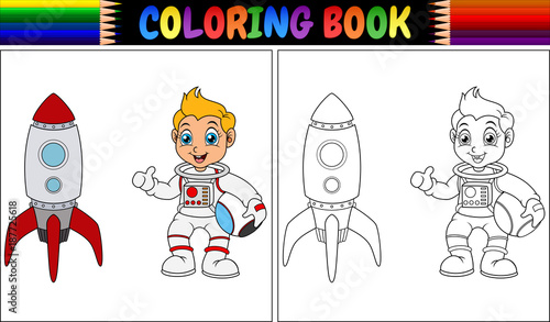 Coloring book with astronaut kid and rocket ship