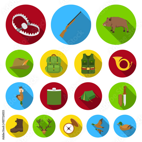 Hunting and trophy flat icons in set collection for design. Hunting and equipment vector symbol stock web illustration.