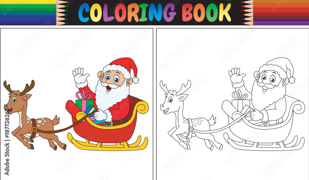 Fototapeta premium Coloring book cartoon santa claus riding his reindeer sleigh