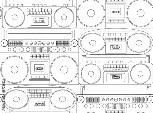 Seamless black and white texture with contour tape recorders and boom boxes. Vector pattern for fabrics, wallpaper and your creativity