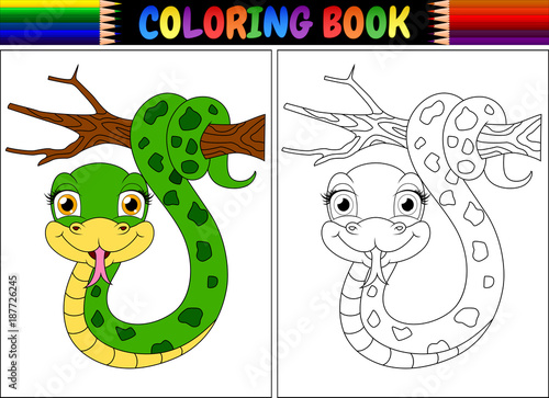 Coloring book with cute snake on tree branch