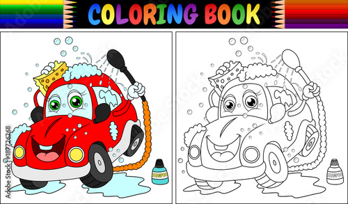 Coloring book with red cartoon car washing 