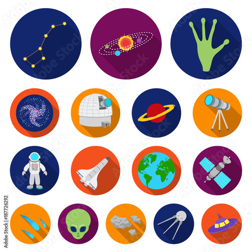 Space technology flat icons in set collection for design.Spacecraft and equipment vector symbol stock web illustration.