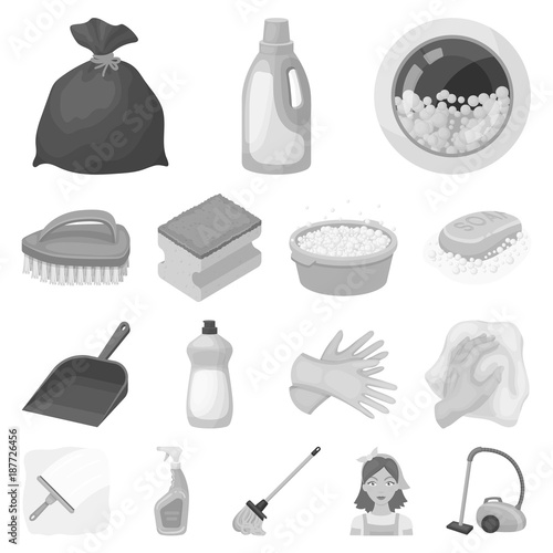 Cleaning and maid monochrome icons in set collection for design. Equipment for cleaning vector symbol stock web illustration.
