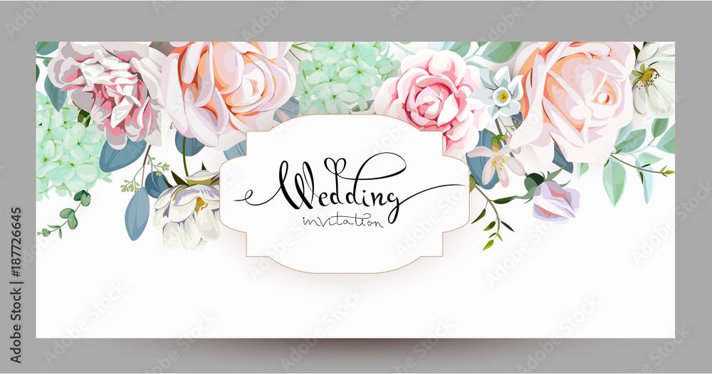 Wedding invitation with roses 3 - obrazy, fototapety, plakaty 