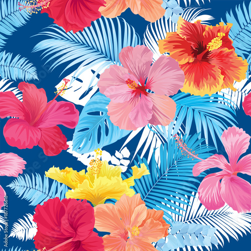 Tropical seamless pattern with hibiscus syriacus flower and leaf on blue background. Vector set of exotic tropical garden for wedding invitations  greeting card and fashion design.