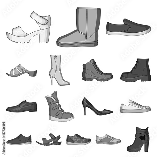 Different shoes monochrome icons in set collection for design. Men's and women's shoes vector symbol stock web illustration.