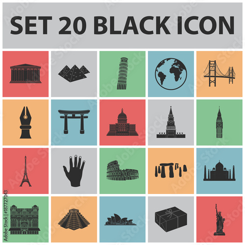 Sights of different countries black icons in set collection for design. Famous building vector symbol stock web illustration.