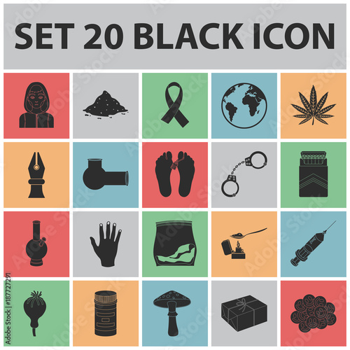 Drug addiction and attributes black icons in set collection for design. Addict and Drug vector symbol stock web illustration.