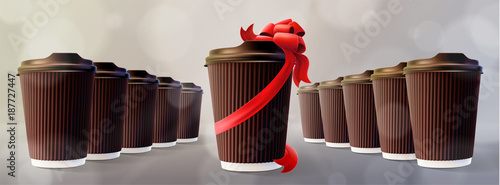 Coffee to Go. Ripple Cups with Gift Cup. Bokeh Gray Background