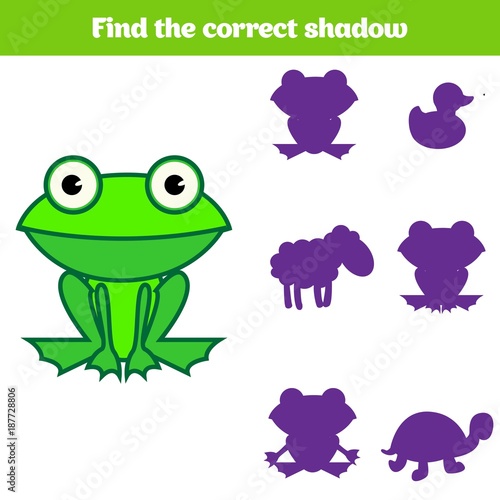 Shadow matching game for children. Find the right shadow. Activity for preschool kids. Animal pictures for kids