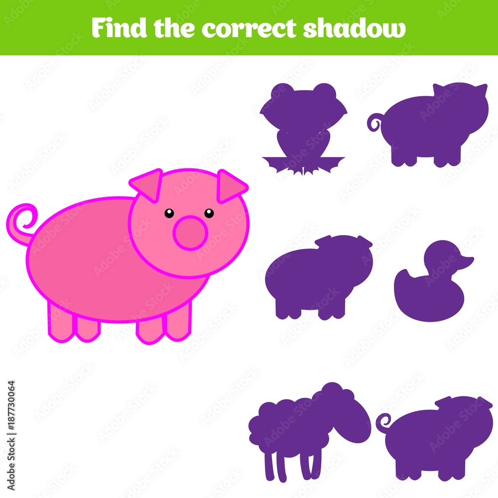 Shadow matching game for children. Find the right shadow. Activity for preschool kids. Animal pictures for kids Shadow matching game for children. Find the right shadow. Activity for preschool kids. Animal pictures for kids