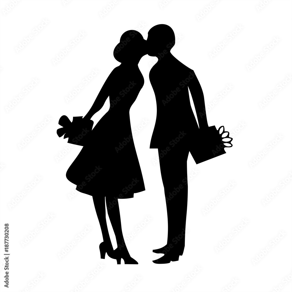 Kissing couple silhouette. Happy valentines day. Vector graphic illustration.