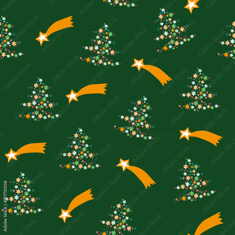Vector illustration of christmas star trees and stars on green background seamless pattern