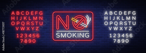 No smoking vector neon sign. Bright symbol, icon, luminous warning sign of smoking in an unauthorized place. Editing text neon sign. Neon alphabet