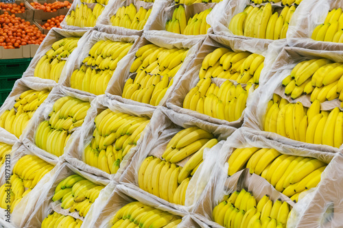 Bananas on supermarket shelves