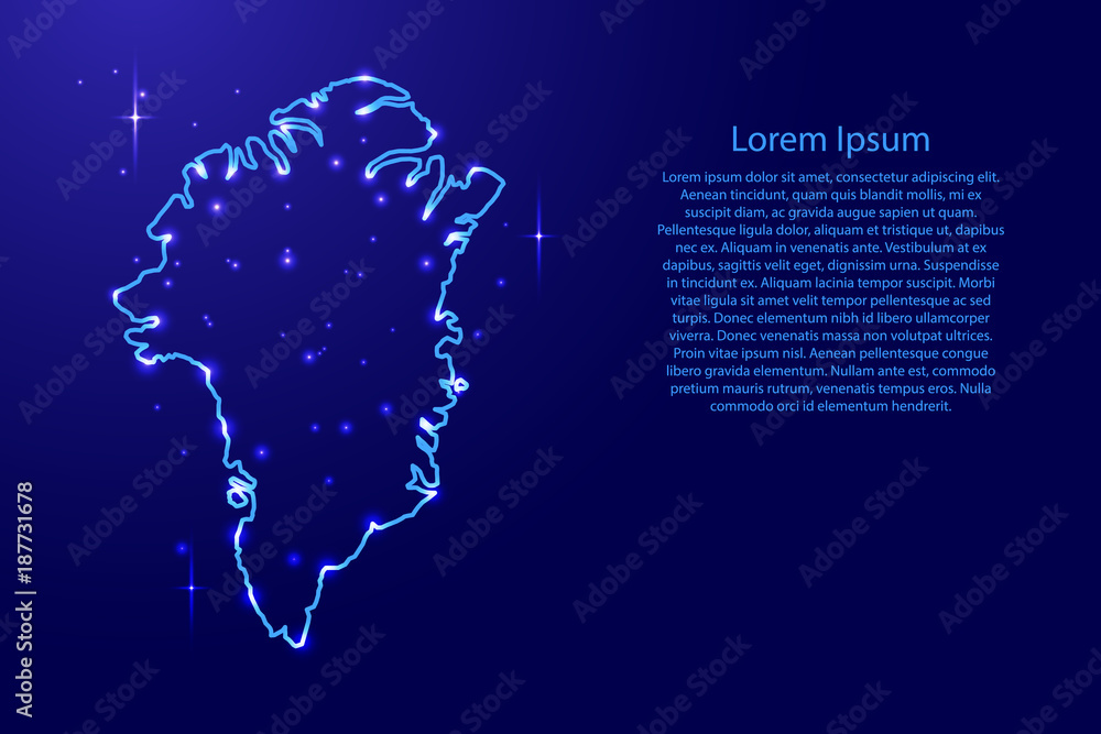 Map Greenland from the contours network blue, luminous space stars for banner, poster, greeting card, of vector illustration
