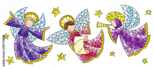 A set of stained glass angels and stars, coloured figures on a white background
