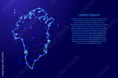 Map Greenland from the contours network blue, luminous space stars for banner, poster, greeting card, of vector illustration