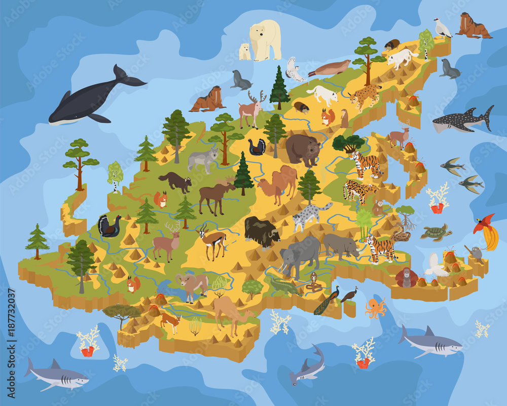 custom made wallpaper toronto digitalIsometric 3d Asian flora and fauna map constructor elements. Animals, birds and sea life isolated on white big set. Build your own geography infographics collection