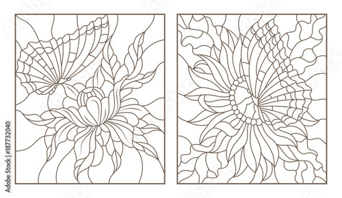 Set contour illustrations of the stained glass with butterflies and flowers,black contour on white background
