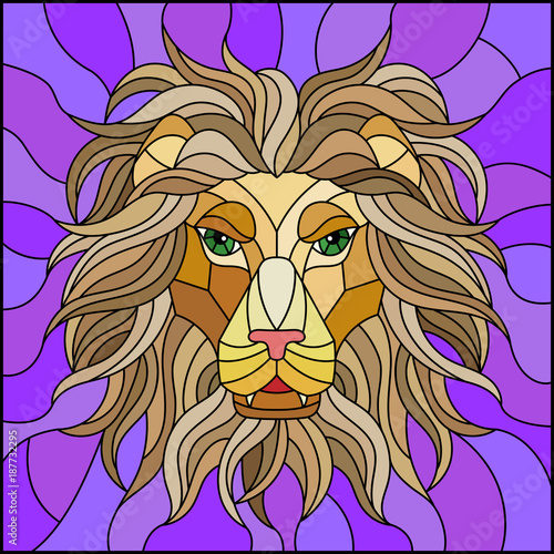 Fototapeta Naklejka Na Ścianę i Meble -  The illustration in stained glass style painting with a lion's head on a purple background , square image