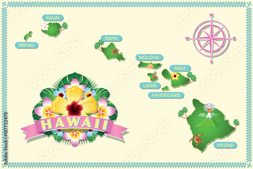 Rough and not detailed Hawaiian islands with traditional folk floral decoration sign.