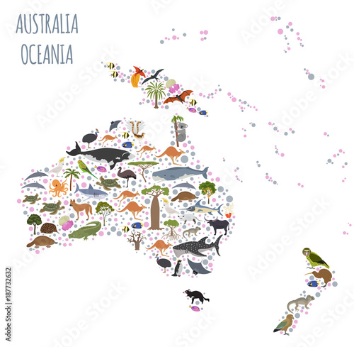Australia and Oceania flora and fauna map, flat elements. Animals, birds and sea life big set. Build your geography infographics collection