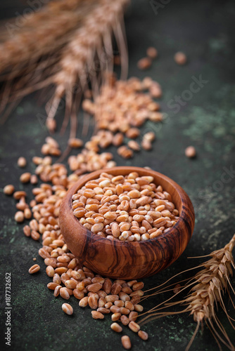 Wheat grains and spikelets on rusty background. 