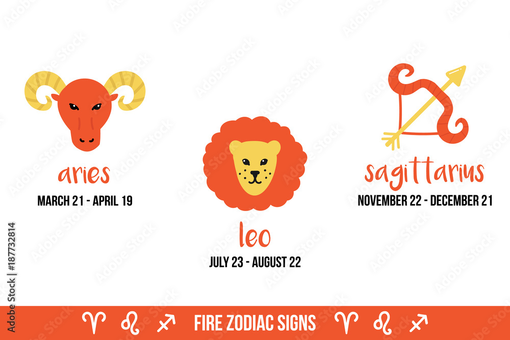 Fototapeta premium Hand drawn, doodle vector illustrations of fire zodiac signs. Aries, leo, sagittarius icons isolated on white background.