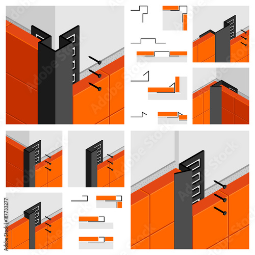 Isometric Illustration. The scheme of installation of border tiles.