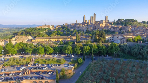 Aerial view of San Gimignano Tower at sunset, Italy