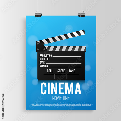 Realistic blue cinema poster in a frame with a picture hanging on a textured gray brick wall, a template for a layout, a layout and a work of art a concept poster design template. vector illustration.