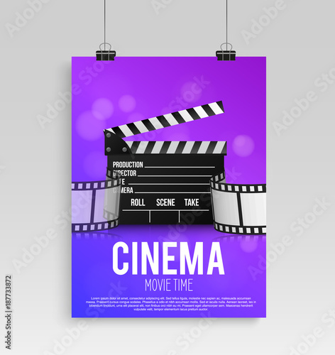 Realistic color cinema poster in the frame with an image hanging on a textured gray brick wall, a template for the layout, a layout and a fine clipper and strip film. vector illustration.