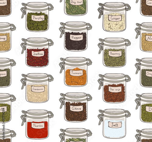 Seamless pattern with various ground spices or piquant condiments stored in glass jars on white background. Hand drawn vector illustration for wallpaper, wrapping paper, textile print, backdrop.